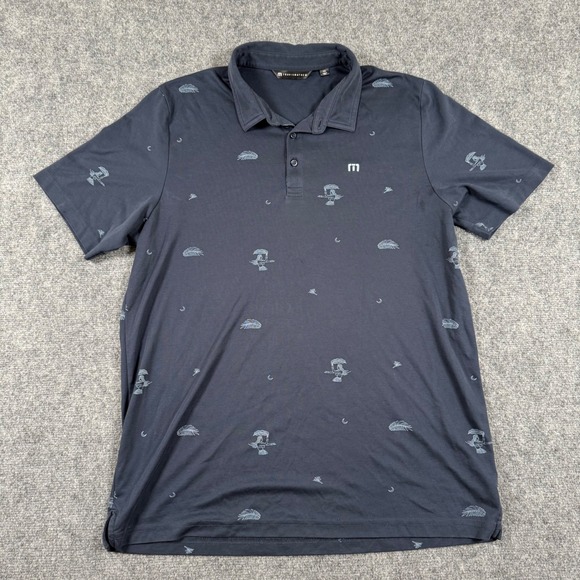 Travis Mathew Polo Shirt XXL Golf Blue Hula‎ Girl Feather Print Men's - Picture 2 of 7